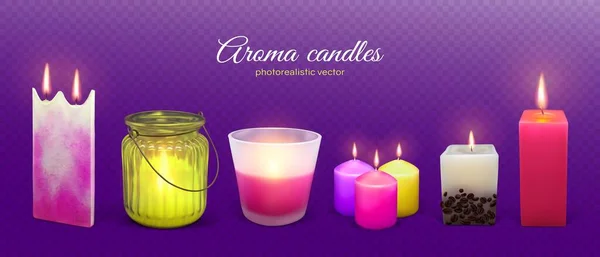 Vela aroma llameante ilustración vectorial realista. Set de velas aromáticas de cera . — Vector de stock