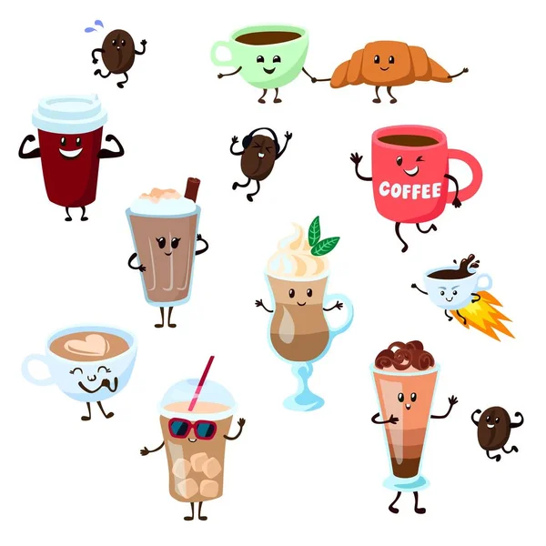 Café emoji copo personagens dos desenhos animados kawaii com cofeebeans sorriso vetor ilustração estilo plano isolado no branco — Vetor de Stock
