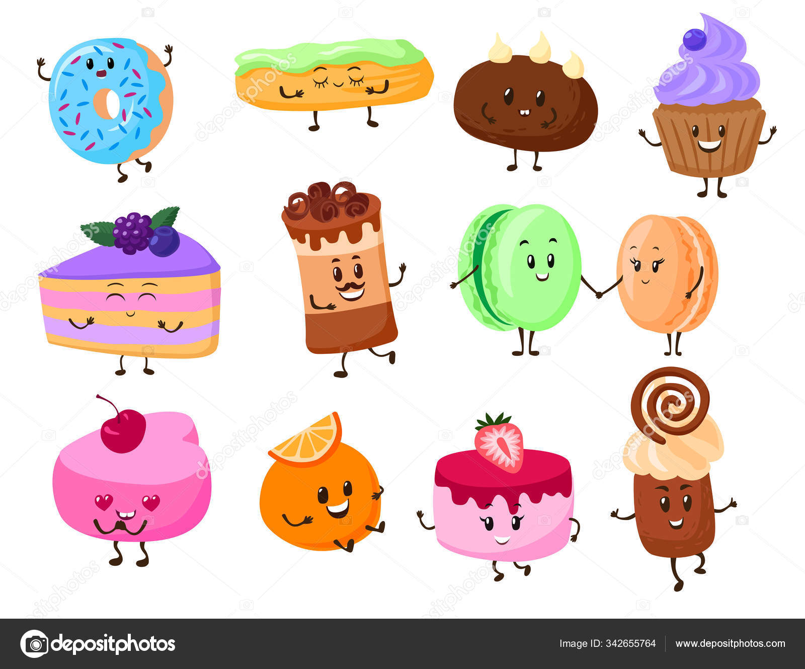 Conjunto de vetores de doces kawaii coloridos de desenhos animados
