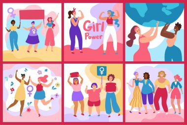 Feminizm ve kız gücü genç kadın çizgi film karakterleri vektör illüstrasyonu.