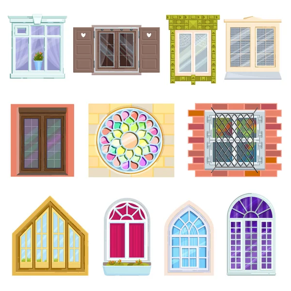 Окна с деревянными и пластиковыми рамами из стекла и витражных векторных иллюстраций . — стоковый вектор