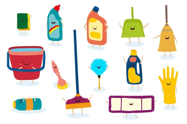 Cleanhelpers personaggio dei cartoni animati set per mantenere l'igiene della casa vettoriale illustrazione . — Vettoriale Stock