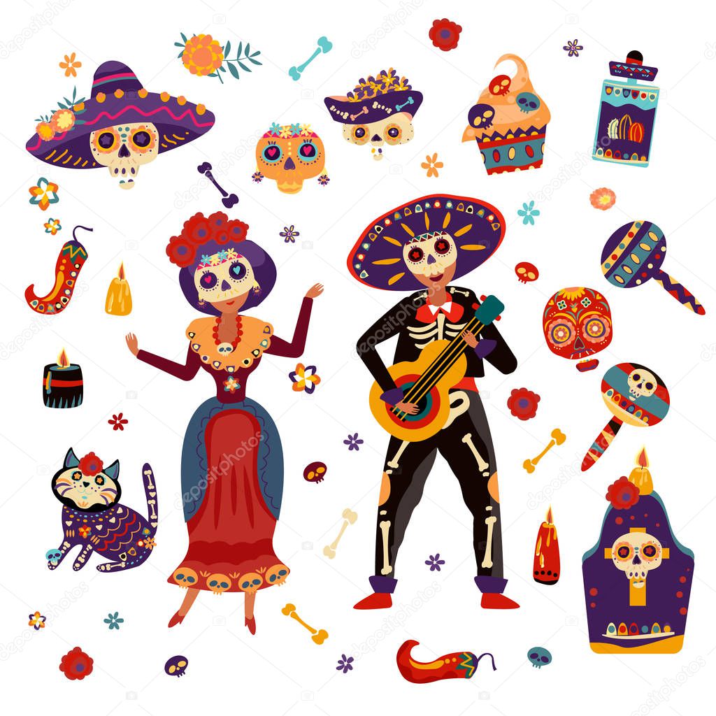 Day of dead festival celebration vector illustration Mexican woman and man in skeleton skull costumes