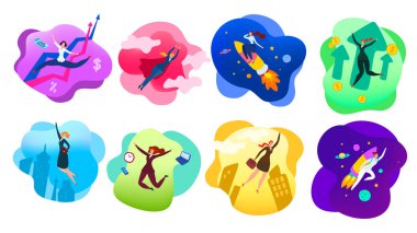 İş kadını başarılı karakter çizimi. İş kadınları kariyerleri, başarılı iş ve profesyonel büyüme izole koleksiyonu.