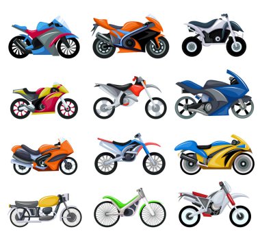 Çizgi film motosiklet koleksiyonunun spor motosikletleri taşıma vektör illüstrasyon seti.