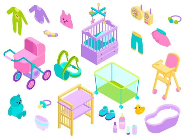 女婴配件矢量等距插图.婴儿玩具、衣服和洗浴新生儿护理系列 — 图库矢量图片