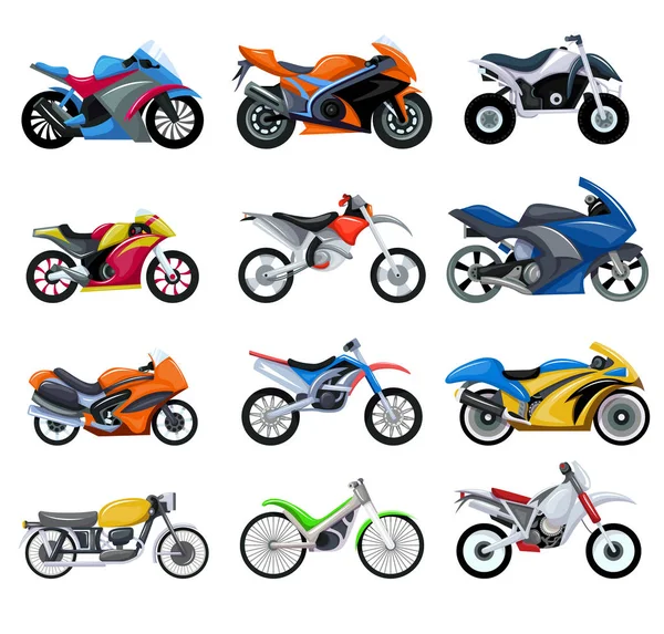 Sport motorkerékpárok közlekedési vektor illusztráció készlet rajzfilm motobikes gyűjtemény. — Stock Vector