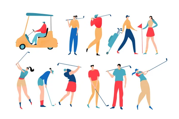 Menschen, die Golf spielen, eine Reihe isolierter Comicfiguren, Vektorillustration — Stockvektor