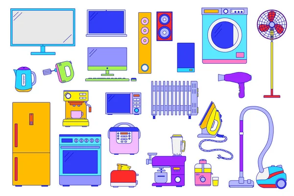 Electrodomésticos para el hogar, conjunto de artículos domésticos aislados en estilo de línea plana, ilustración vectorial — Vector de stock