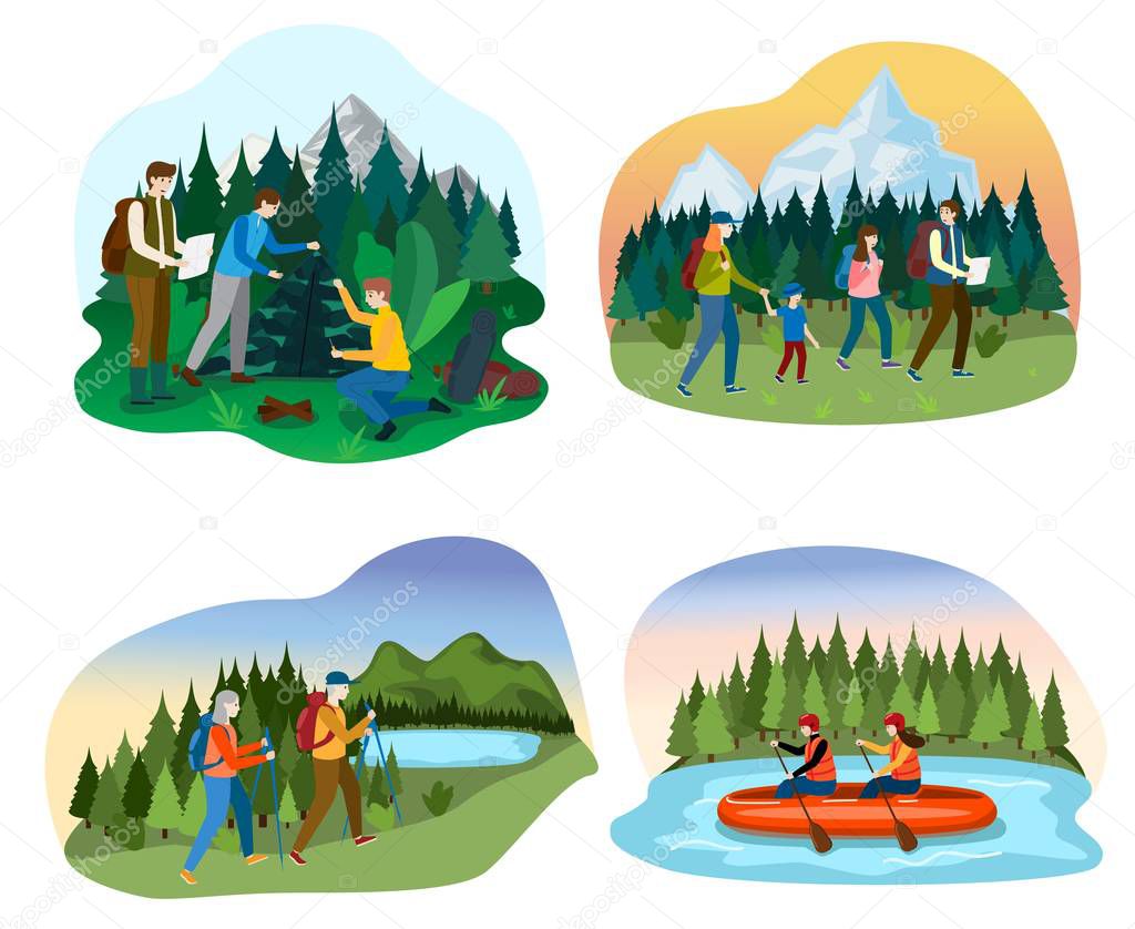 People camping in nature, happy family hiking together, outdoor activity adventure, vector illustration