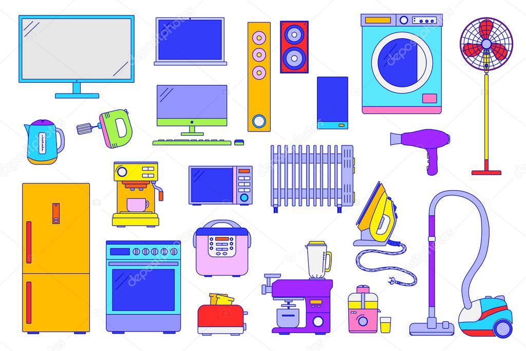 Home electronic appliances, set of isolated household items in flat line style, vector illustration