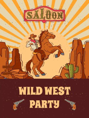 Wild West parti şablonu vektör çizimi için davet etti. Klasik batı posteri ve kovboy parti broşürü ya da davetiye şablonları