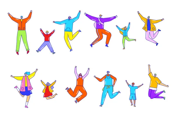 Gelukkige mensen springen, set van geïsoleerde stripfiguren in platte stijl, vectorillustratie — Stockvector
