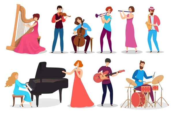 People playing musical instruments, set of isolated cartoon characters, vector illustration — Stock Vector