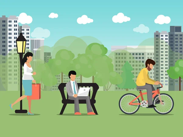 Människor i sommar stadspark vektor illustration. Karaktärer är rekreation och arbete utomhus i parken. Kvinnan går, mannen rider cykel — Stock vektor
