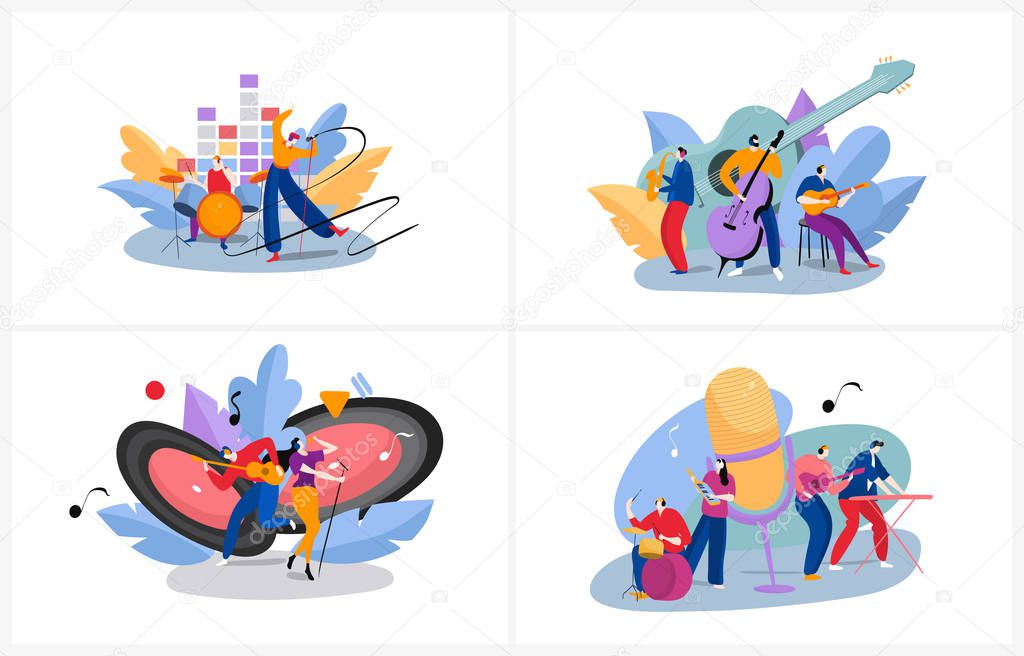 Musicians playing in band, set of concepts for music festival or recording studio, vector illustration
