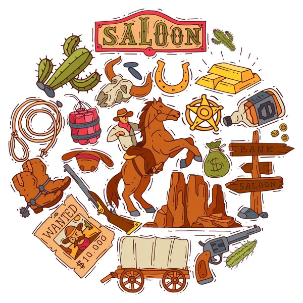 Round composition with wild west elements. Wild west set vector illustration. Colorful icons cowboy, cactus, hat, sheriff and horseshoe. — Stock Vector