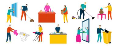 People doing house work, set of isolated cartoon characters, household chores, vector illustration
