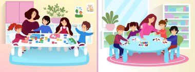 Kids in art class, children painting and sculpting in kindergarten, vector illustration