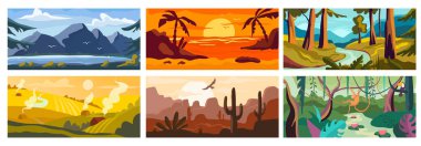 Landscape background, beautiful nature outdoor, forest and ocean beach, vector illustration