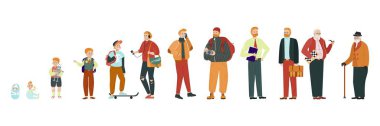 Man in different age, stages of growing up from baby to old pensioner, vector illustration