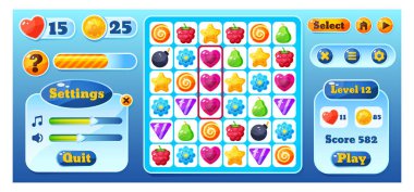 Match game ui interface, set of icons for mobile application entertainment, vector illustration