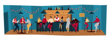 People in bar, friends meet in pub, night restaurant, men and women drink alcohol, vector illustration