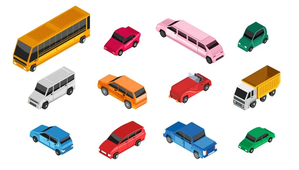 Vehículo de transporte de automóviles isométricos, conjunto de automóviles aislados, autobús público y camión, ilustración vectorial — Archivo Imágenes Vectoriales