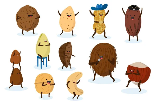 Nuts cartoon characters, set of isolated funny mascots in childish kawaii style, vector illustration — ストックベクタ