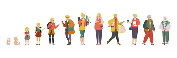 Woman in different age, stages of growing up from baby to old lady, people vector illustration — Stockvector