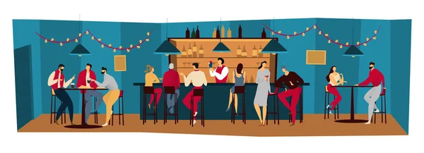 People in bar, friends meet in pub, night restaurant, men and women drink alcohol, vector illustration — 图库矢量图片
