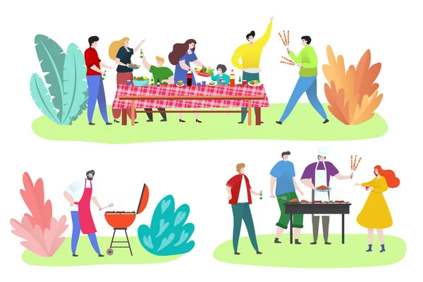 Personas en la fiesta de barbacoa al aire libre, amigos felices y personajes de dibujos animados familiares, ilustración vectorial — Vector de stock