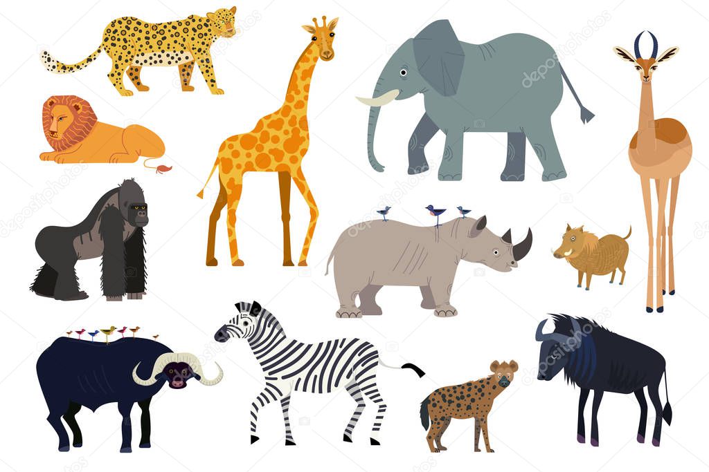 African animals, set of isolated cartoon characters elephant, giraffe and rhino, vector illustration