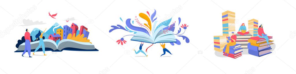 People reading books, creative imagination concept, flat style vector illustration