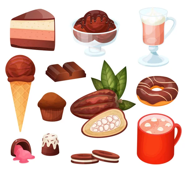 Csokoládé desszert menü kávézó, készlet izolált édességek és édességek, vektor illusztráció — Stock Vector
