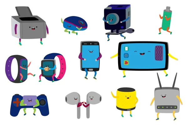 Lindos gadgets personajes de dibujos animados, dispositivos electrónicos divertidos, ilustración vectorial conjunto aislado — Vector de stock