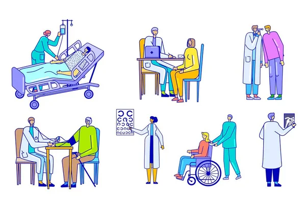 Doctor patiënt lineart personages, mensen in de medische kliniek, gezondheidszorg ziekenhuis, vector illustratie — Stockvector