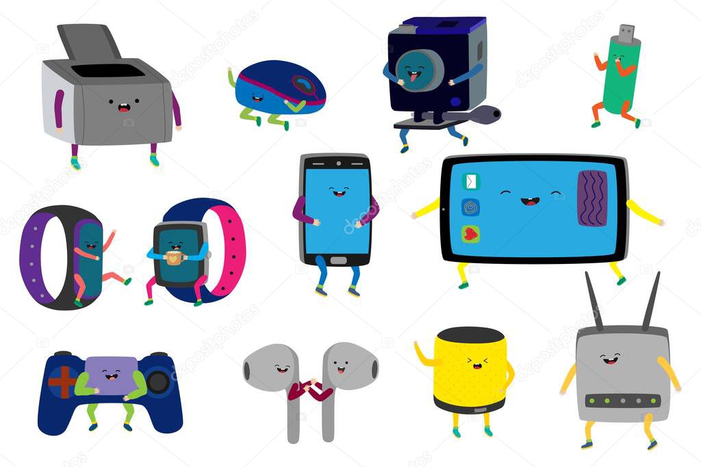 Cute gadgets cartoon characters, funny electronic devices, isolated set vector illustration