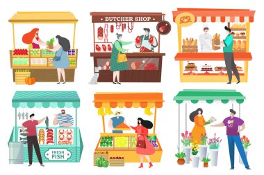 People at food market buy and sell farm products, fruit and vegetable stall, vector illustration clipart