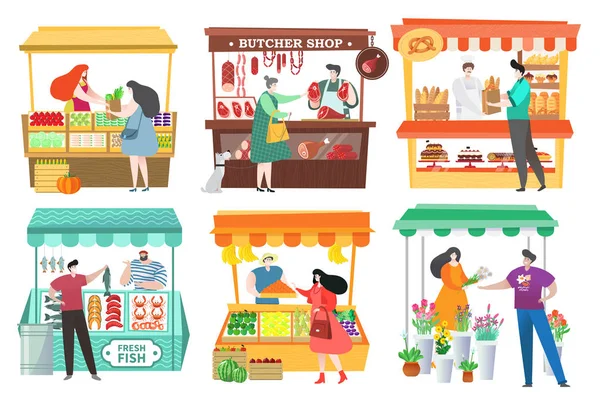 Lidé na trhu s potravinami nakupují a prodávají zemědělské produkty, stánky s ovocem a zeleninou, vektorové ilustrace — Stockový vektor