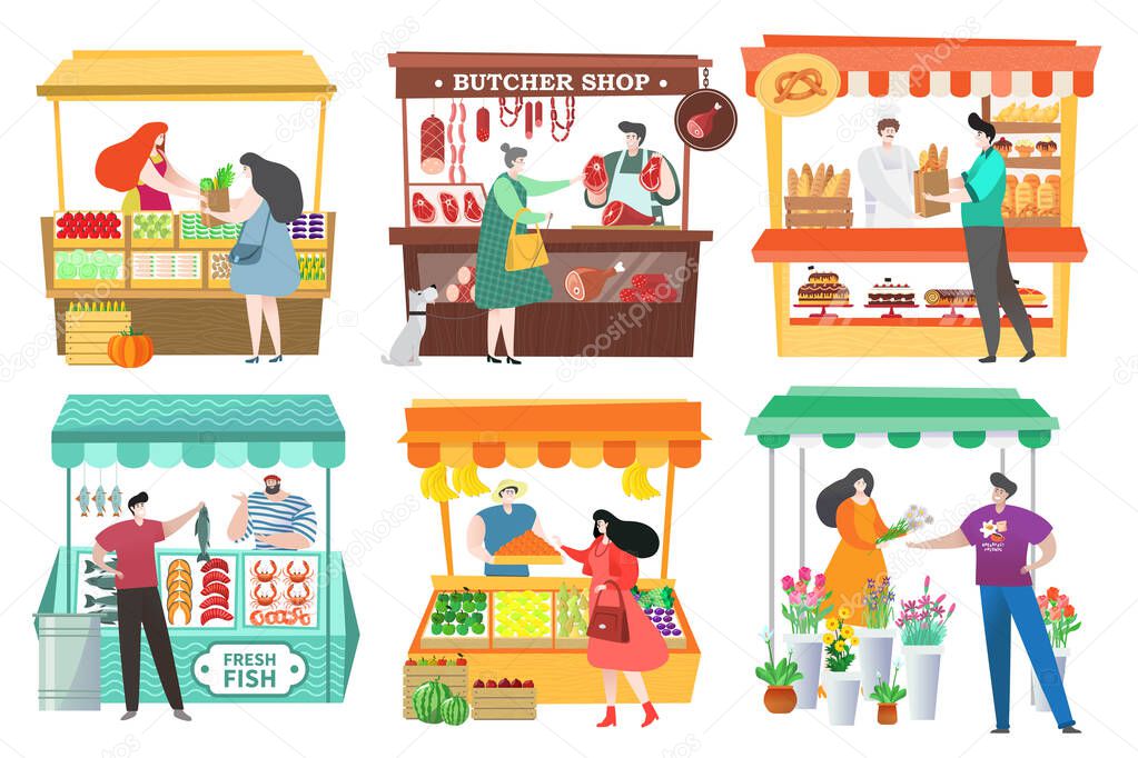 People at food market buy and sell farm products, fruit and vegetable stall, vector illustration