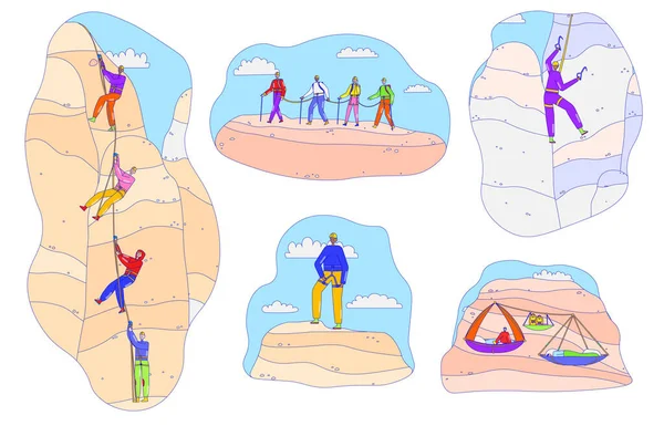 Альпинисты, активный отдых на свежем воздухе, экстремальное спортивное хобби, векторная иллюстрация — стоковый вектор