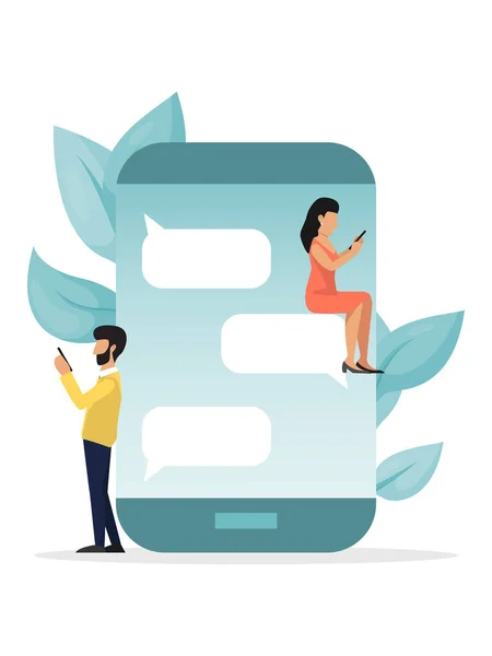 Mężczyzna i kobieta w pobliżu dużego smartfona z bańkami mowy w czacie, wirtualny związek, koncepcja tysiącleci — Wektor stockowy