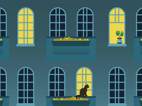 Fenêtres de ville la nuit illustration vectorielle. Fenêtres de la maison. Veilleuses extérieures urbaines. Vue extérieure du paysage urbain du soir — Image vectorielle