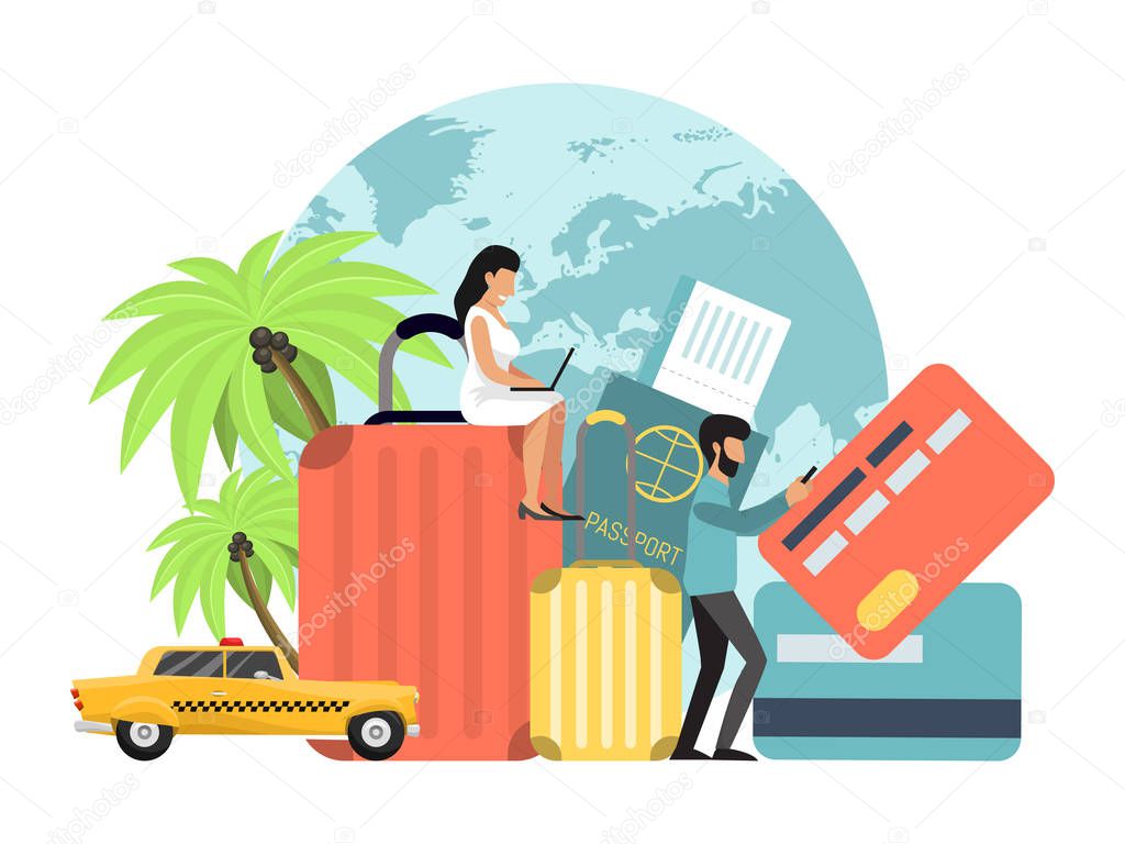 Travel things set concept vector illustration. Passport, ticket and cards for success trip. Luggage and taxi cab for happy journey
