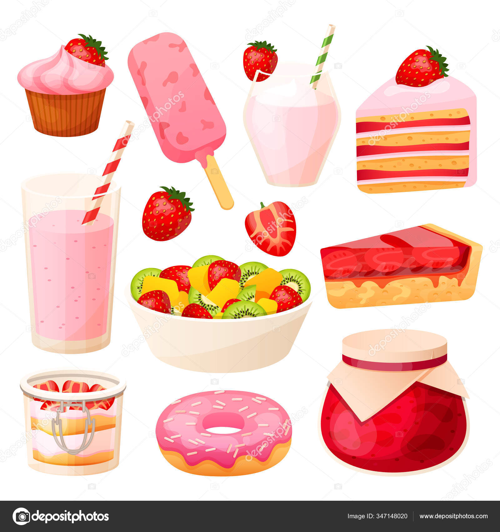 Set de postres de fresa, menú de café de verano, pastel y batido aislado en  blanco, ilustración vectorial vector, gráfico vectorial ©  vectordreamsmachine imagen #347148020