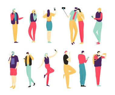 People with smartphone, men and women using mobile phone, isolated cartoon characters, vector illustration