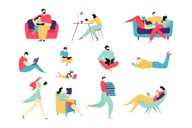 People reading books, flat cartoon characters set, isolated on white, vector illustration