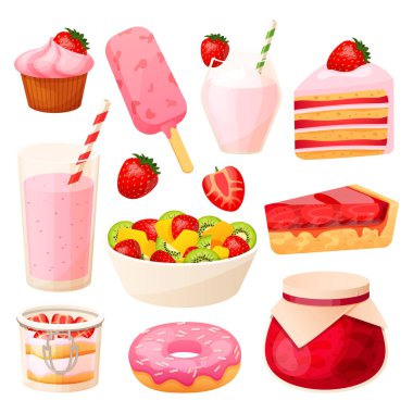 Strawberry dessert set, summer cafe menu, cake and milkshake isolated on white, vector illustration