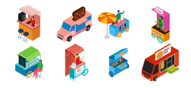 Street food truck, isometric set isolated on white, snack stall and ice cream kiosk, vector illustration